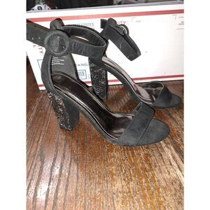 7.5W Dominique Nicole Chastity Black Embellished Chunky High Heel Dress Shoes